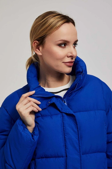 Krótka pikowana kurtka z kapturem ciemnoniebieska