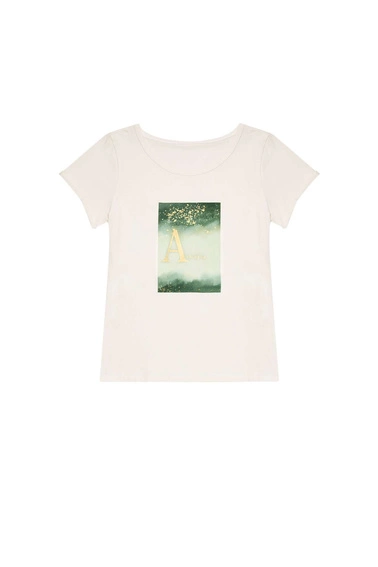 Bawełniana bluzka z nadrukiem w kolorze zielonym i złotym perłowa