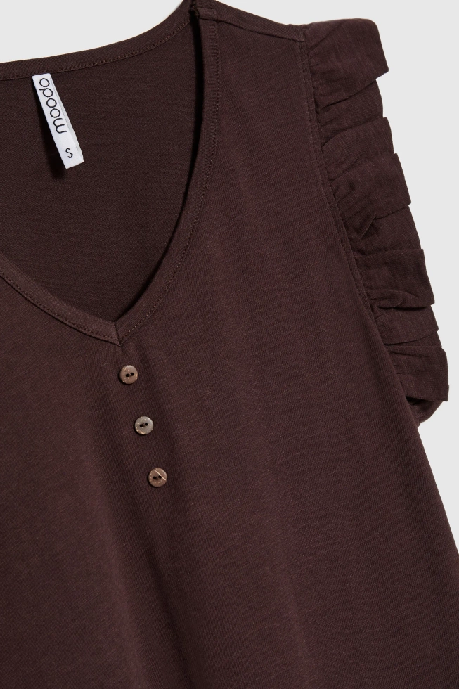 Bluzka z falbaną na ramionach brązowa