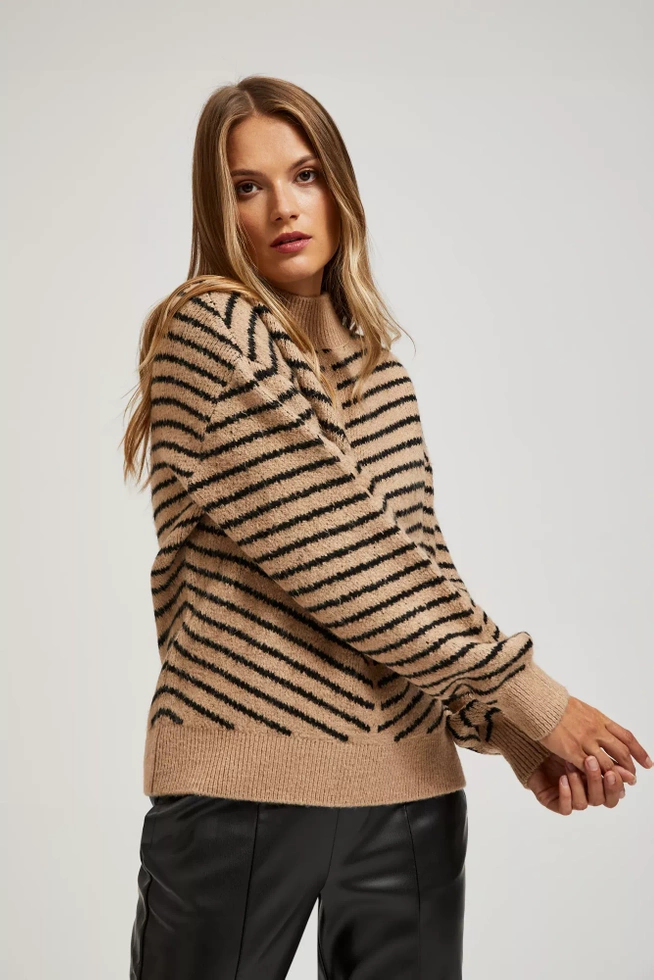 Sweter w paski beżowo-czarny