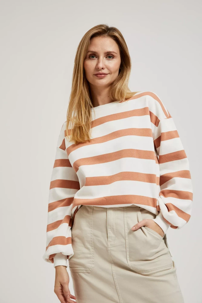 Bluza w paski z bufiastymi rękawami brązowa