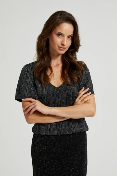 Blyszcząca bluzka z dekoltem w serek czarna