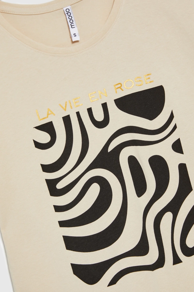 T-shirt z geometrycznym nadrukiem beżowy