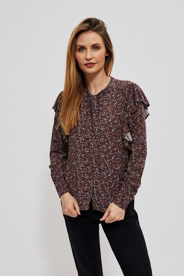 Koszula z wiązanym dekoltem i falbanami kasztanowa