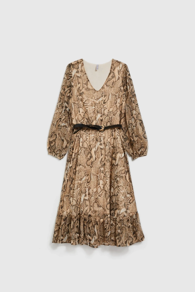 Sukienka z bufiastymi rękawami i zwierzęcym wzorem beżowa