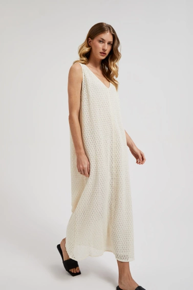 Ażurowa sukienka z dekoltem w serek beżowa