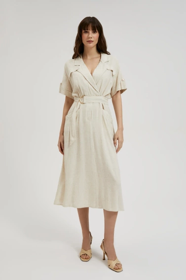 Lniana sukienka z dekoltem w serek beżowa
