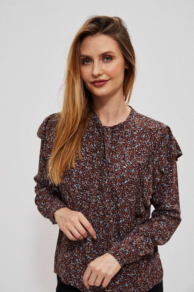 Koszula z wiązanym dekoltem i falbanami kasztanowa