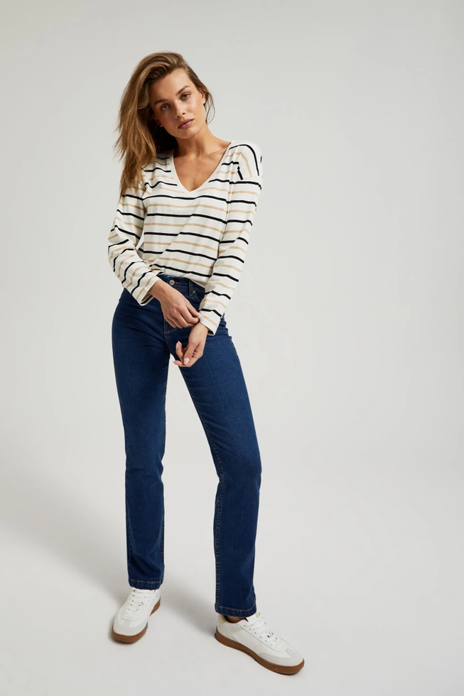 Bluzka w paski z długimi rękawami i dekoltem w serek biała