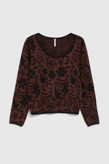 Sweter w roślinny wzór brązowy