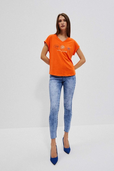 T-shirt z dekoltem w serek i nadrukiem pomarańczowy