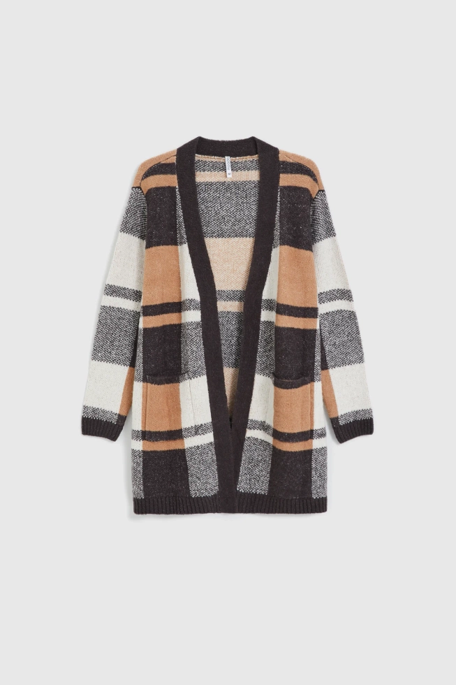Kardigan w kratę beżowy
