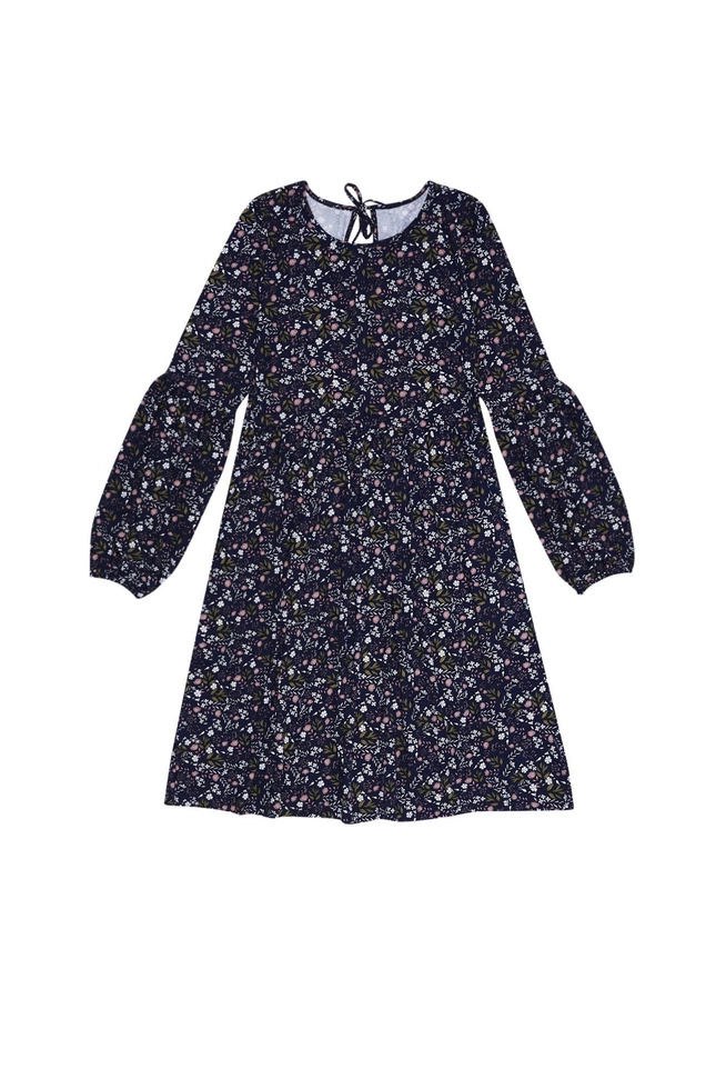 Rozkloszowana sukienka z nadrukiem granatowa