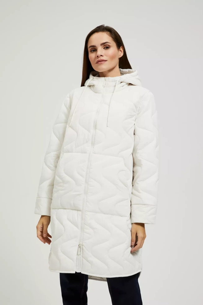 Długa pikowna kurtka z kapturem biała