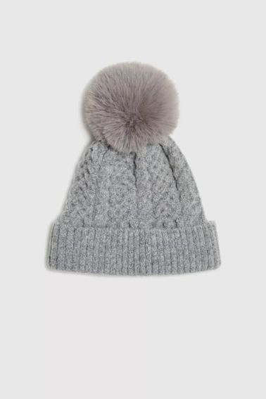 Czapka z futrzanym pomponem szara
