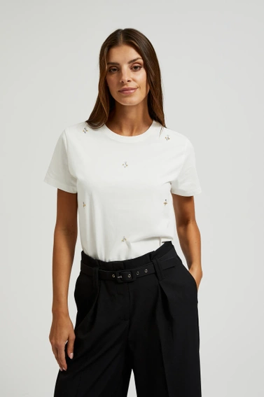 Bluzka ozdobiona koralikami z okrągłym dekoltem biała