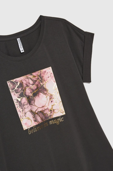 Bawełniana bluzka z nadrukiem i napisem szara