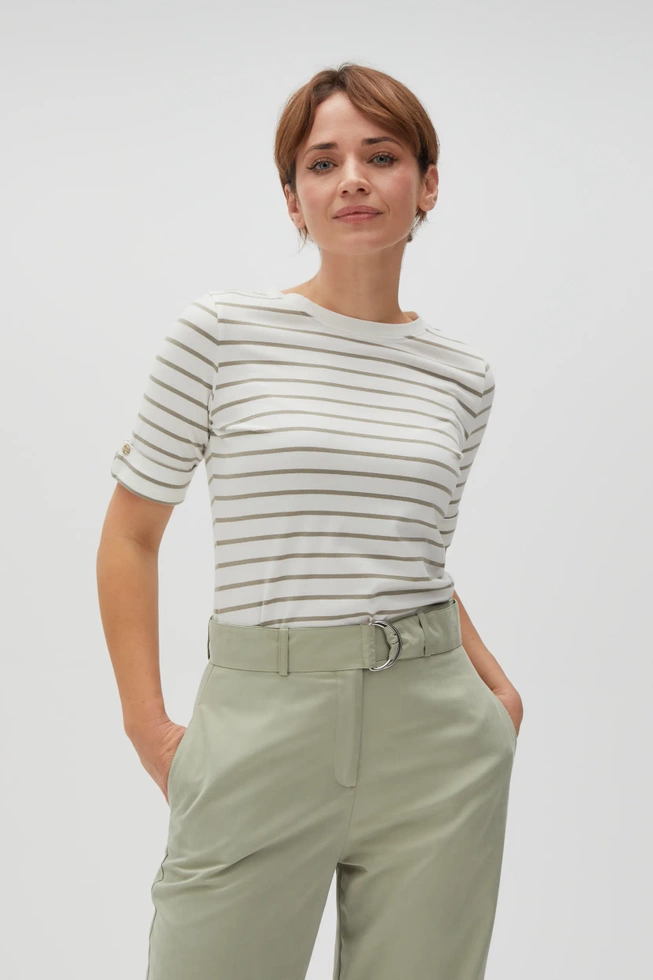 Bluzka w paski z okrągłym dekoltem oliwkowa
