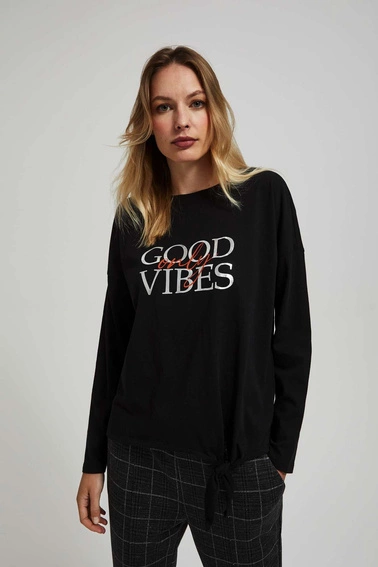 Bluzka z napisem i wiązaniem czarna
