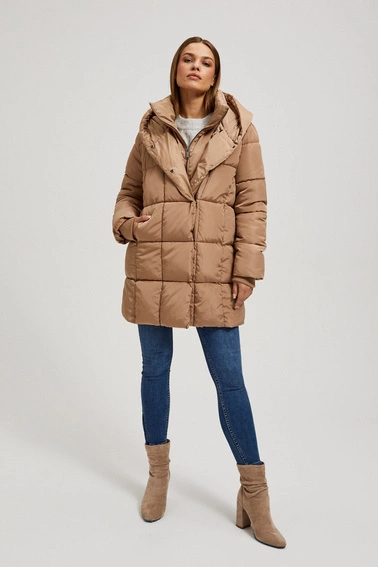 Pikowana kurtka z kapturem ciemnobeżowa