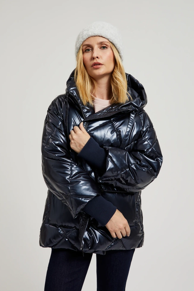 Pikowana metaliczna kurtka z kapturem grantowa