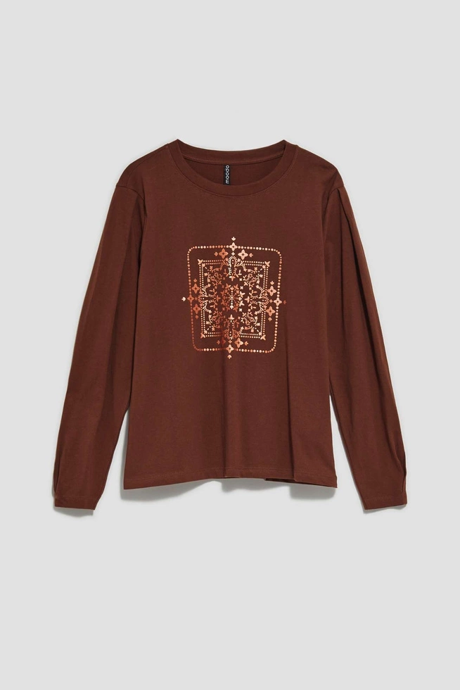 Bluzka z długimi rękawami i metalicznym printem kasztanowa