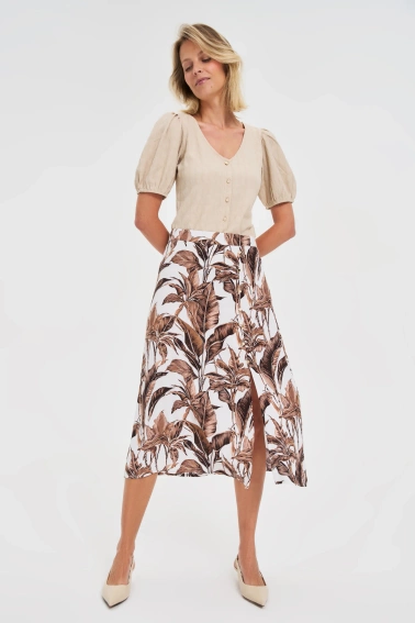 Spódnica midi w roślinny print brązowa