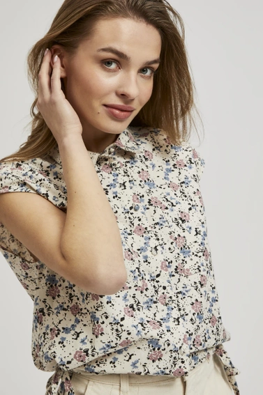 Koszula w kwiatki z kołnierzykiem i krótkimi rękawami beżowa