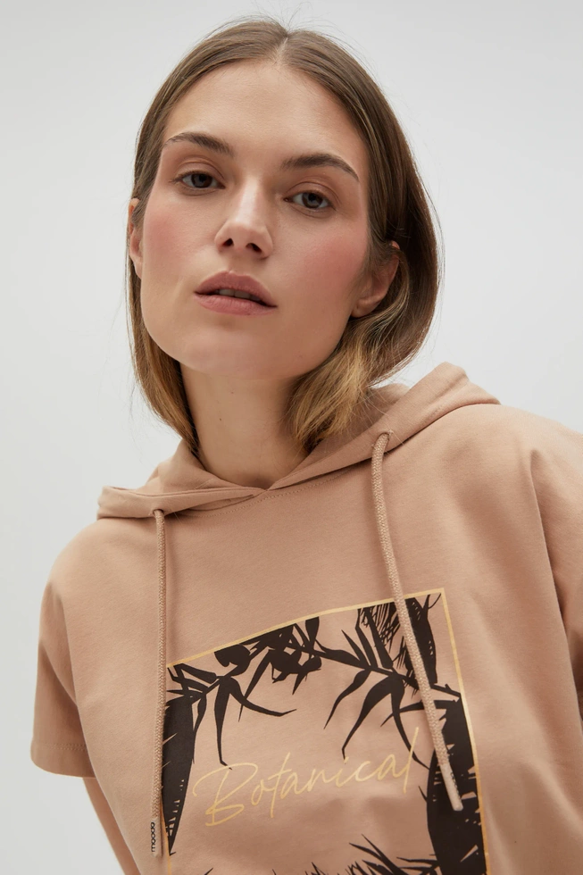 Bluza z kapturem i krótkimi rękawami beżowa