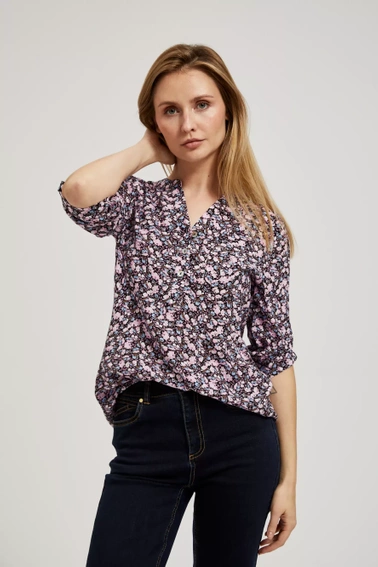 Koszula z kwiatowym printem i podwijanymi rękawami granatowa