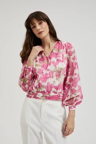 Koszula w kwiaty z bufiastymi rękawami różowa