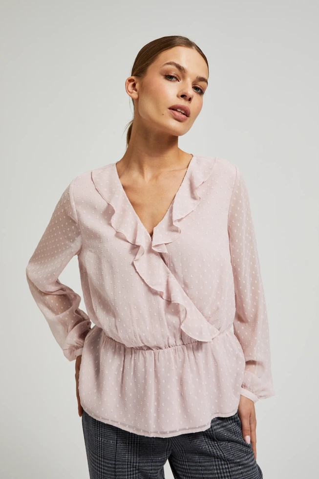 Koszula z falbaną i bufiastymi rękawami różowa