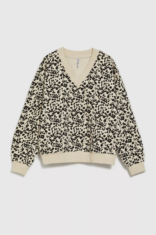 Wzorzysta bluza z dekoltem w serek i długimi rękawami beżowa