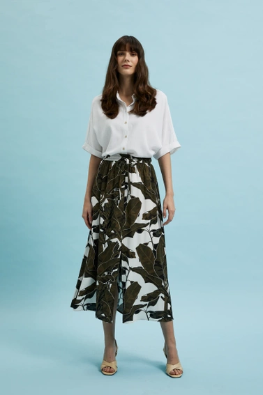 Spódnica midi z wzorem liści zielona