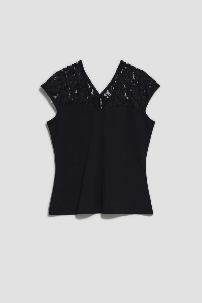 Bluzka z dekoltem w serek i koronką czarna