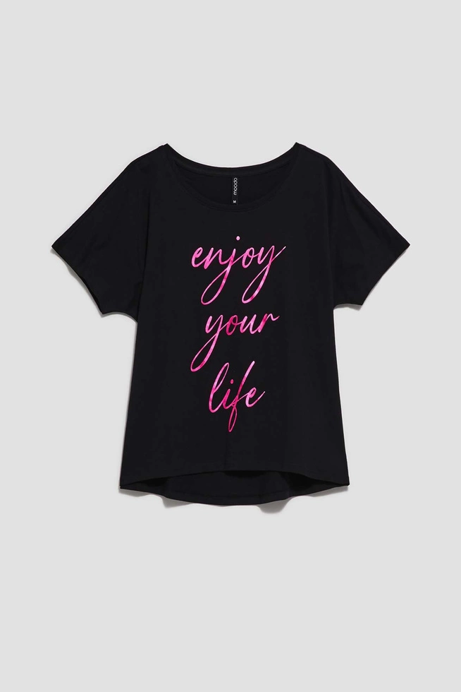 Bluzka z różowym napisem i okrągłym dekoltem czarna