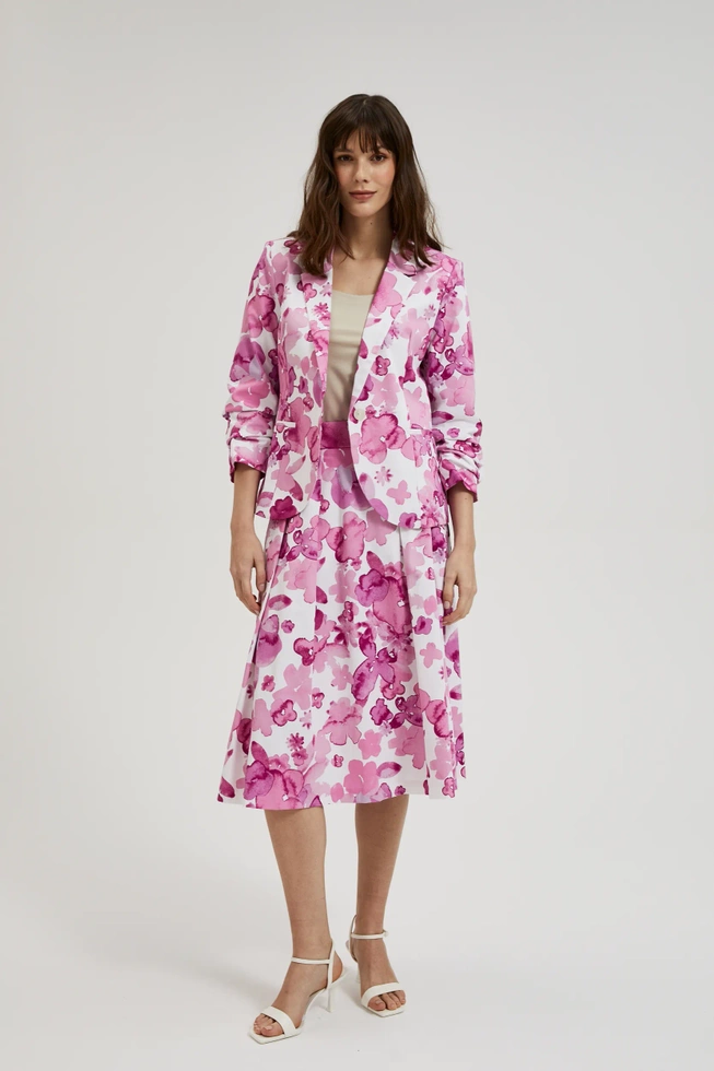 Marynarka z marszczonymi rękawami w kwiaty różowa