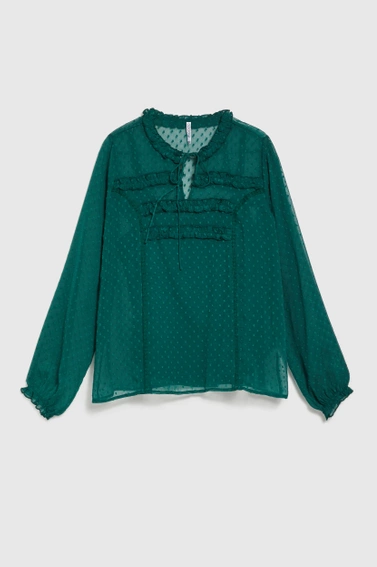 Koszula z falbankami i wiązaniem na dekolcie zielona