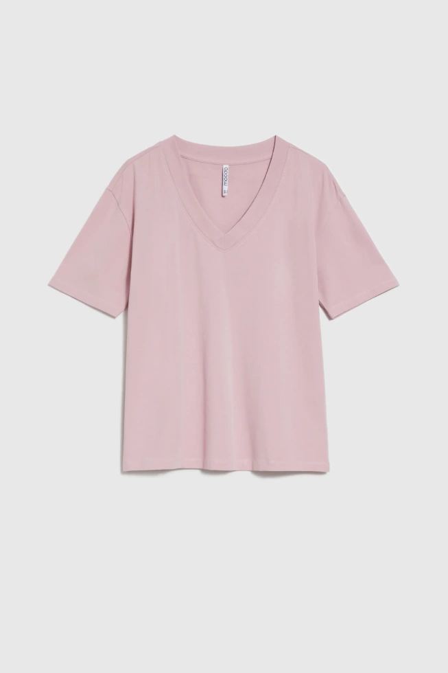 T-shirt z dekoltem w serek różowy