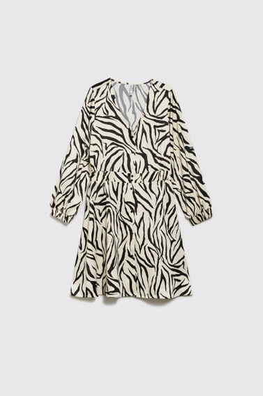 Sukienka beżowa z bufiastymi rękawami i zwierzęcym wzorem