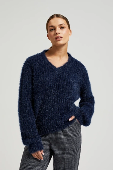 Puszysty sweter z metaliczną nitką granatowy