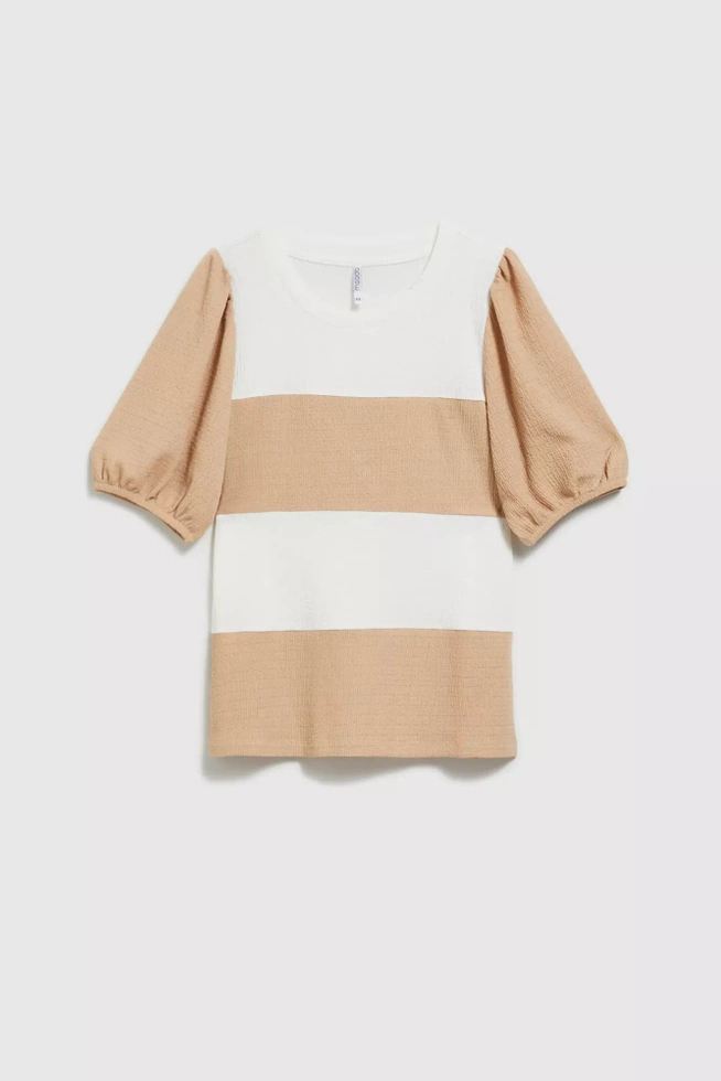 Bluzka w pasy z bufiastymi rękawami beżowa