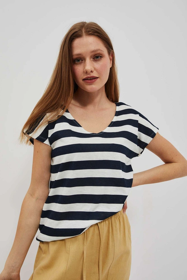 T-shirt w paski z dekoltem w serek i krótkimi rękawami granatowy