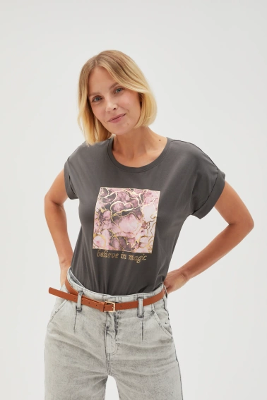 Bawełniana bluzka z nadrukiem i napisem szara