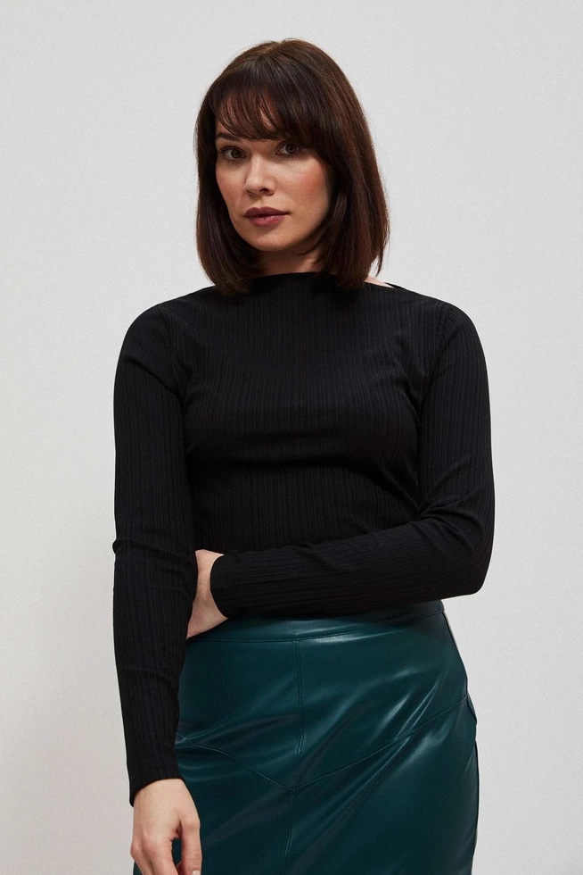 Dopasowana bluzka z prążkowanej dzianiny z długimi rękawami czarna