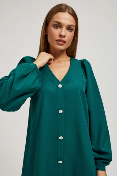 Sukienka z bufiastymi rękawami i ozdobnymi guzikami szmaragdowa