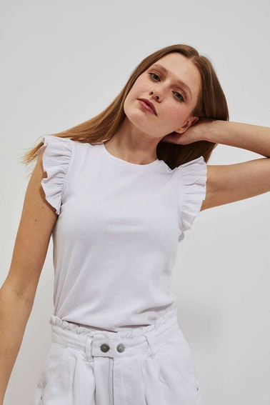 Gładka dopasowana bluzka z falbaną na ramionach biała