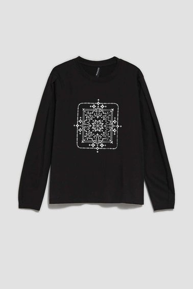 Bluzka z długimi rękawami i metalicznym printem czarna