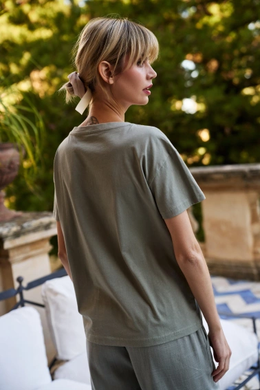 Bluzka z szydełkową aplikacją oliwkowa