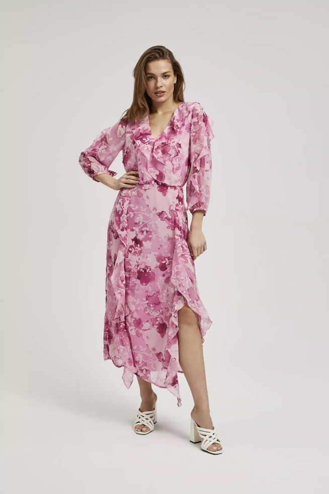 Sukienka z falbanami i kwiatowym wzorem różowa